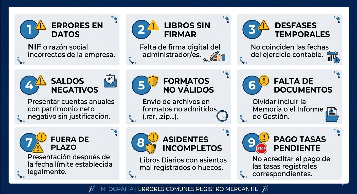 Infografía con los 9 errores más frecuentes que causan rechazo en la legalización de libros contables ante el Registro Mercantil en 2026