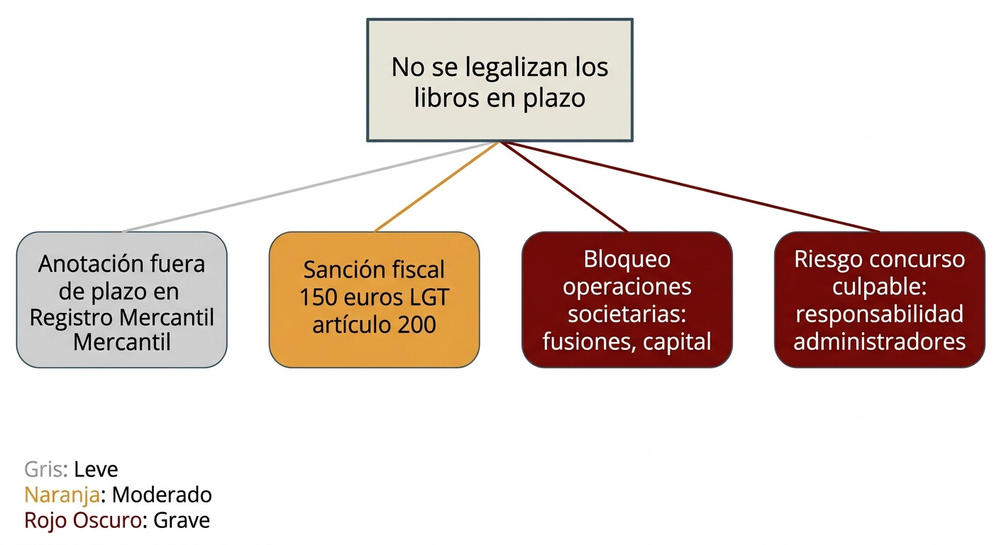 Diagrama de las consecuencias de no legalizar libros contables: desde la anotación de retraso en el Registro Mercantil hasta la responsabilidad personal del administrador en concurso culpable