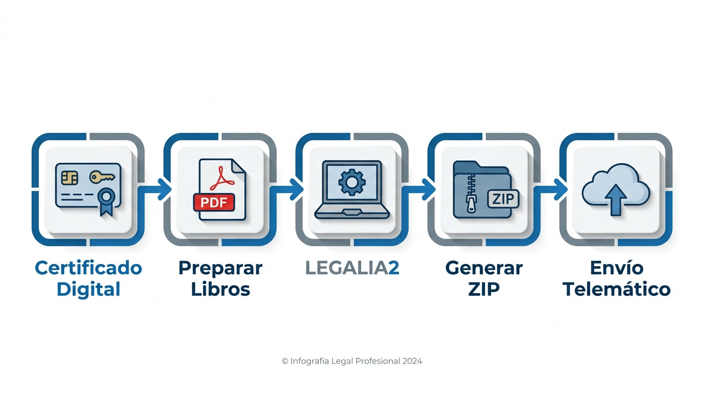 Captura del flujo de envío telemático en LEGALIA2: selección de sociedad, carga de ficheros, generación del ZIP y confirmación de envío al Registro Mercantil