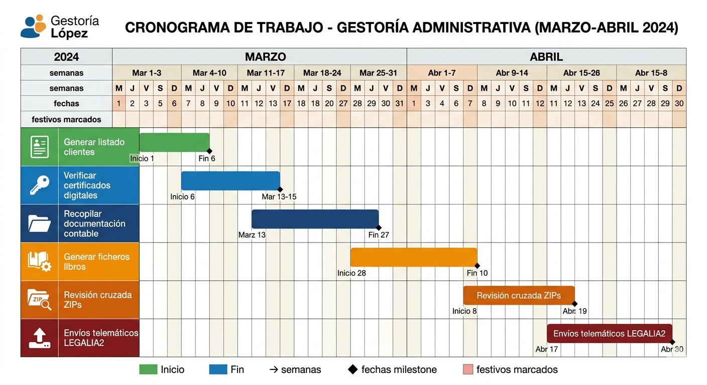 Diagrama del protocolo de gestión mensual para legalización masiva de libros contables en gestorías: fases de marzo y abril con tareas concretas por semana
