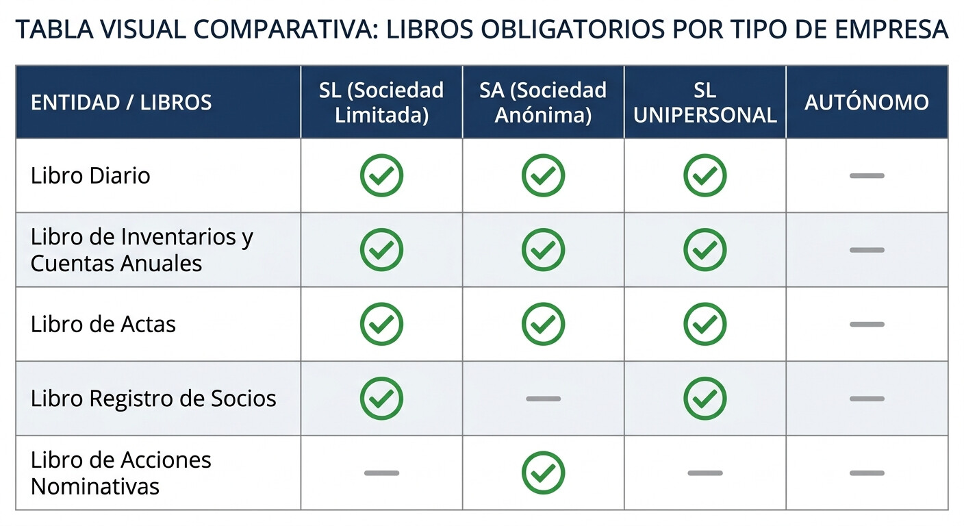 Tabla comparativa de libros a legalizar según tipo de sociedad: SL, SA, sociedad unipersonal y empresario individual autónomo en estimación directa