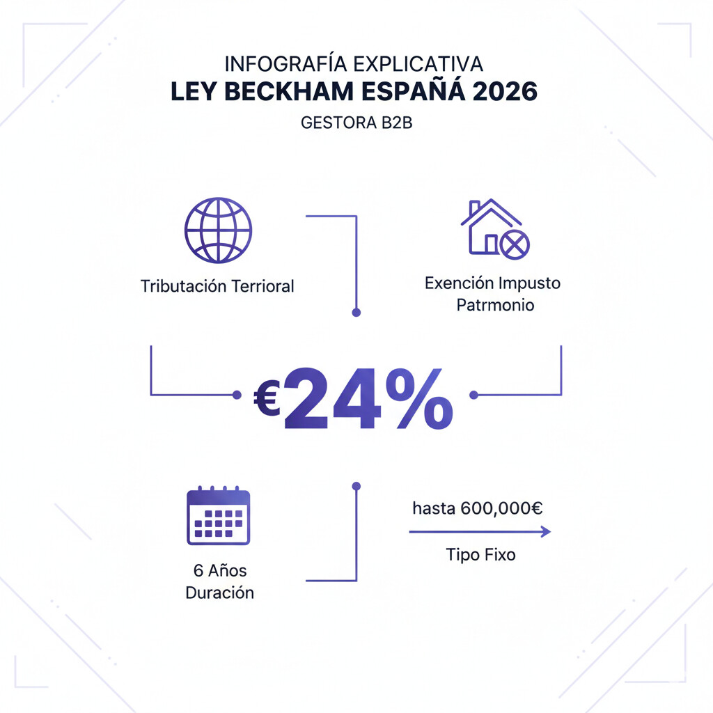 Diagrama explicativo Ley Beckham España 2026: tipo impositivo fijo 24% hasta 600,000 euros, requisitos régimen impatriados, modelo 149 plazo 6 meses seguridad social