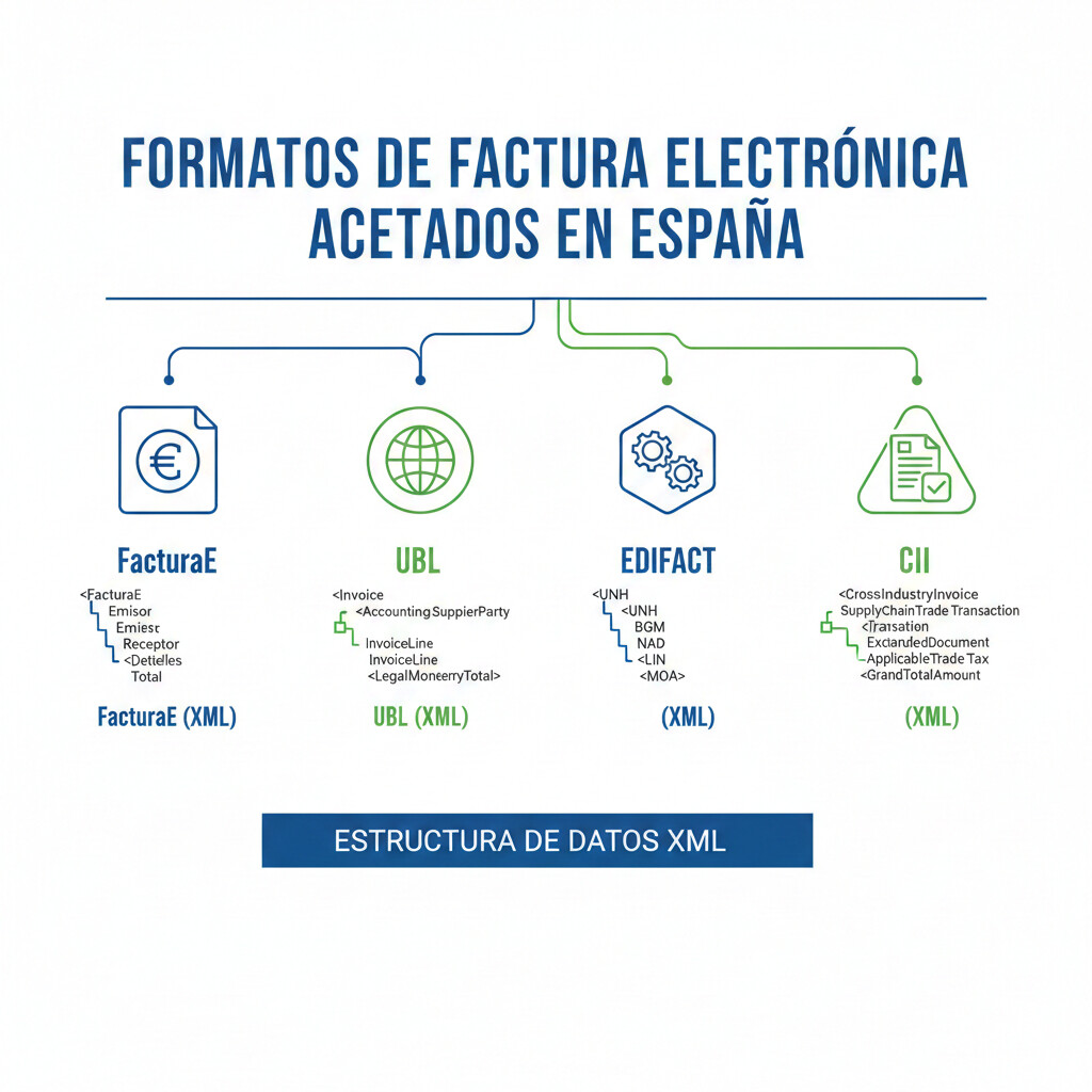 Diagrama de formatos de factura electrónica aceptados por Ley Crea y Crece: FacturaE, UBL, EDIFACT, CII, con iconos XML y estructura de datos, fondo blanco limpio estilo infográfico técnico