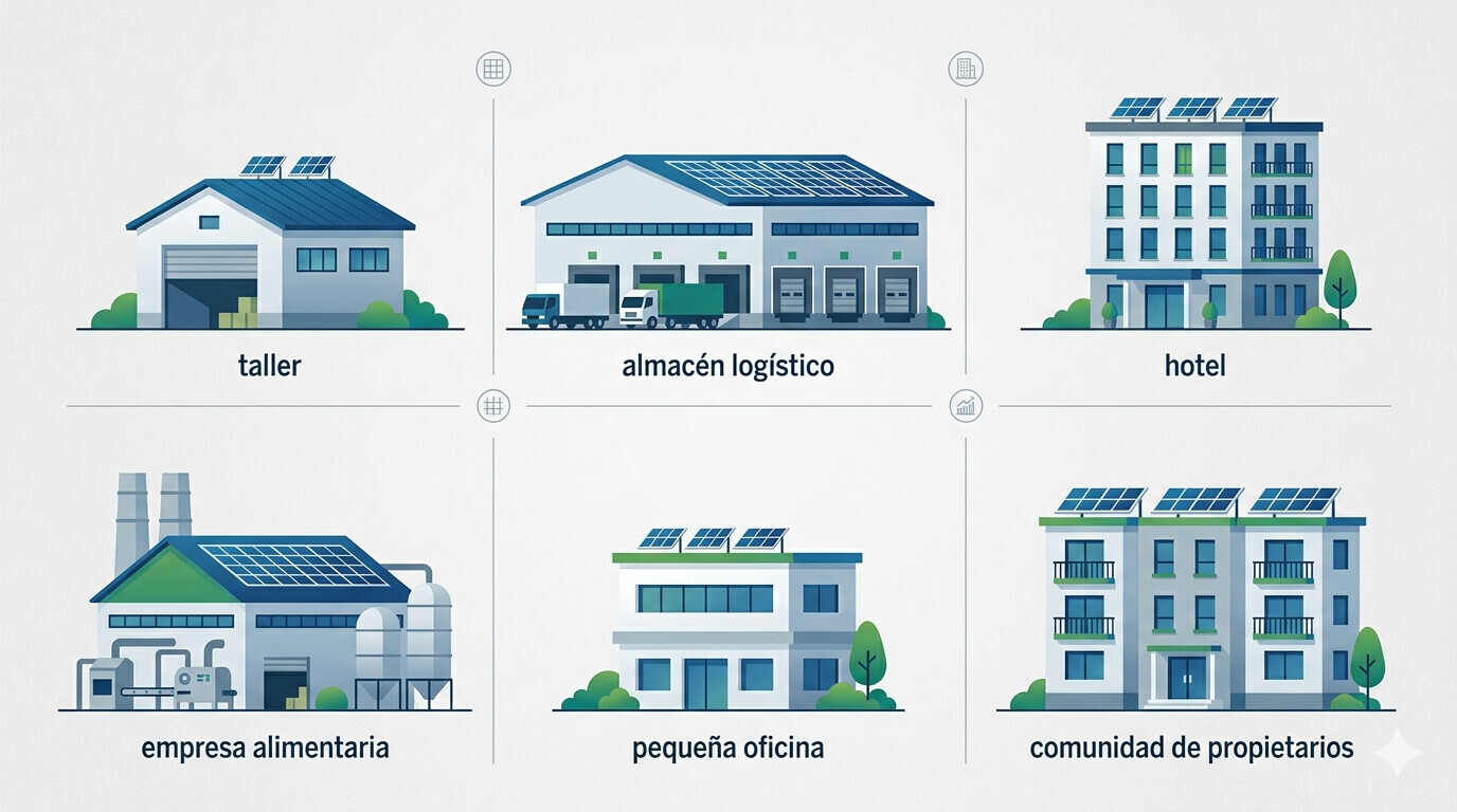 Representación gráfica de seis perfiles empresariales con instalaciones de energía solar en España y sus ahorros fiscales en el Impuesto de Sociedades 2026