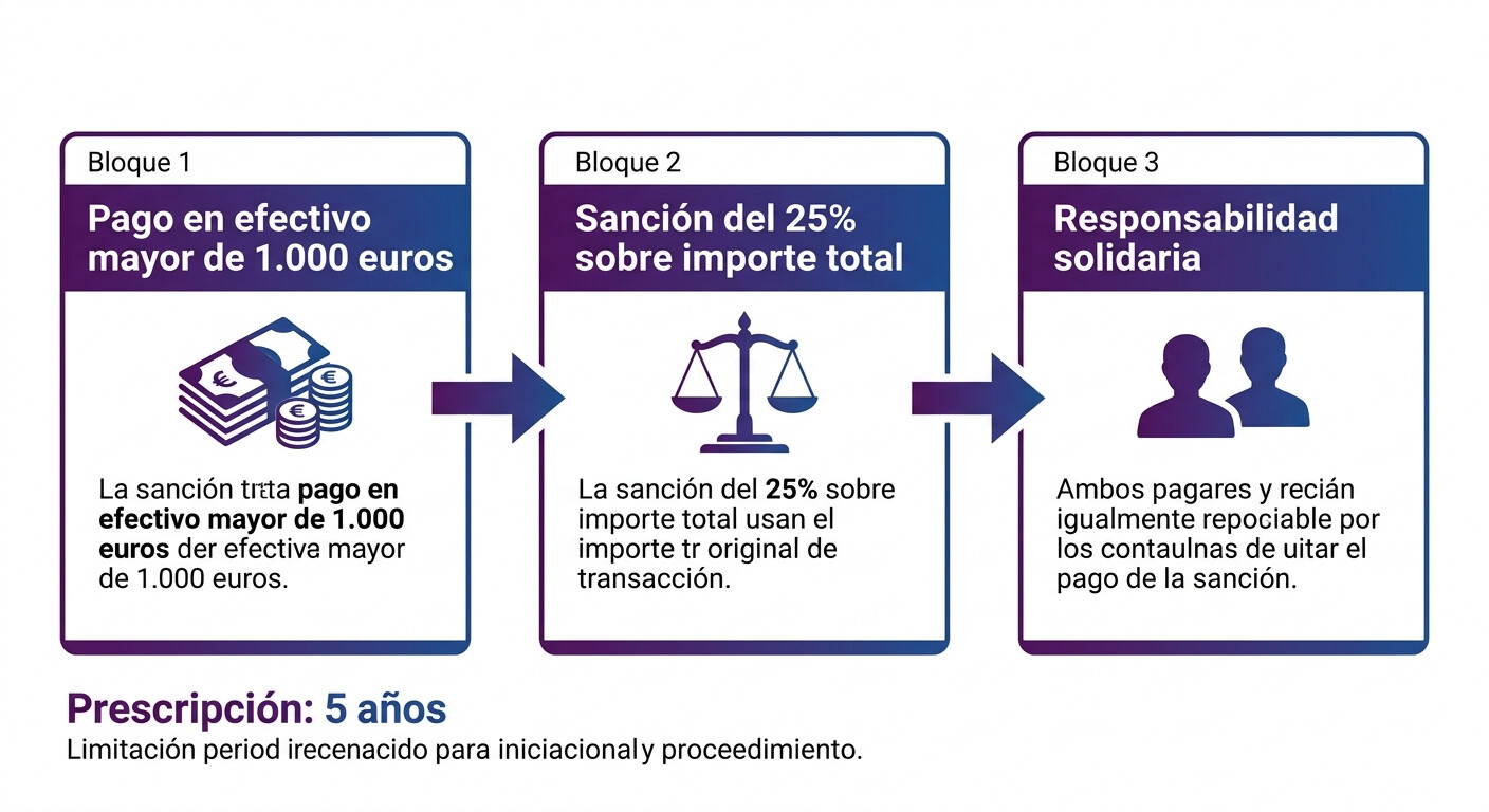 Diagrama sanciones pagos en efectivo España 2026: cálculo 25% sobre importe total, responsabilidad solidaria, reducción 50% por conformidad