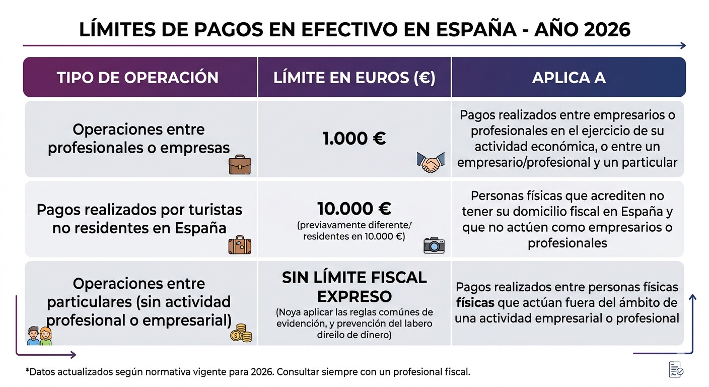 Tabla comparativa límites pagos en efectivo España 2026: profesional 1.000 euros, turistas 10.000 euros, particulares sin límite fiscal expreso