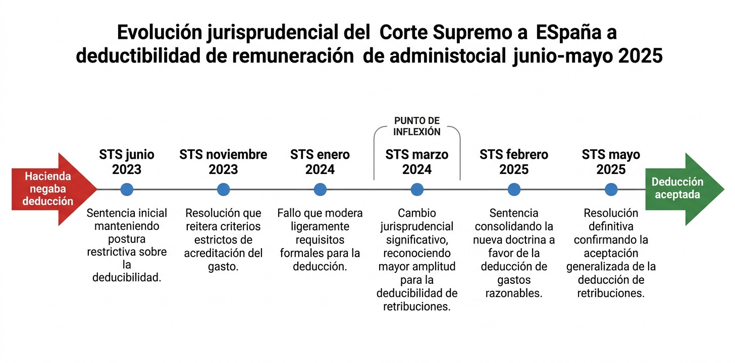 Línea temporal de las 6 sentencias del Tribunal Supremo entre 2023 y 2025 que consolidan la deducibilidad de retribuciones de administradores en el Impuesto sobre Sociedades