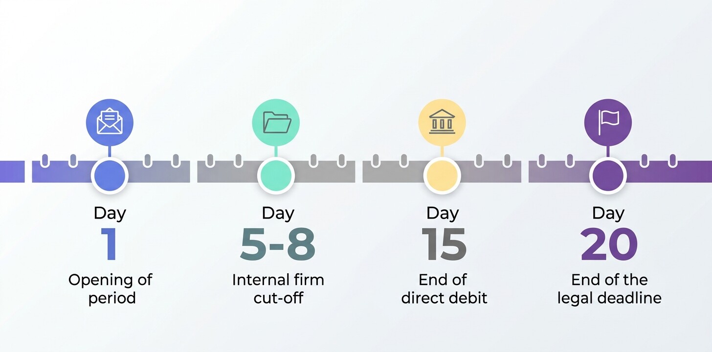 Línea de tiempo del mes de octubre de 2026 con los hitos fiscales del tercer trimestre: apertura día 1, corte interno día 8, domiciliación día 15 y fin de plazo día 20