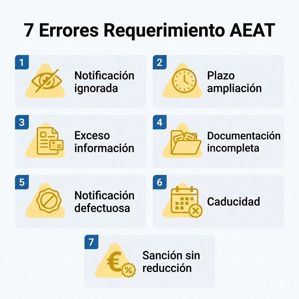 Infografía los 7 errores fatales ante requerimientos AEAT 2026: desde ignorar notificación electrónica hasta no aplicar reducción del 58% en sanciones