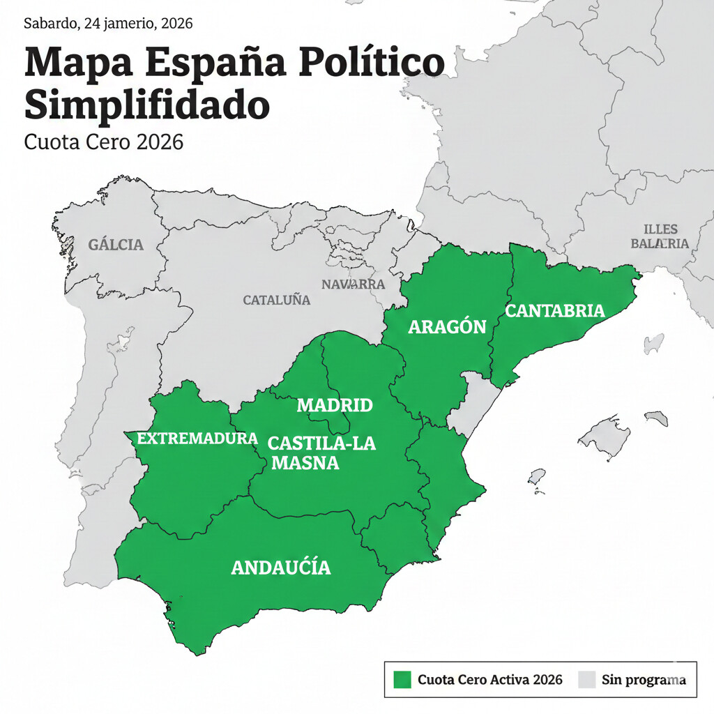 Mapa España coloreado mostrando 6 comunidades autónomas con cuota cero activa 2026: Madrid, Andalucía, Aragón, Castilla-La Mancha, Extremadura, Cantabria