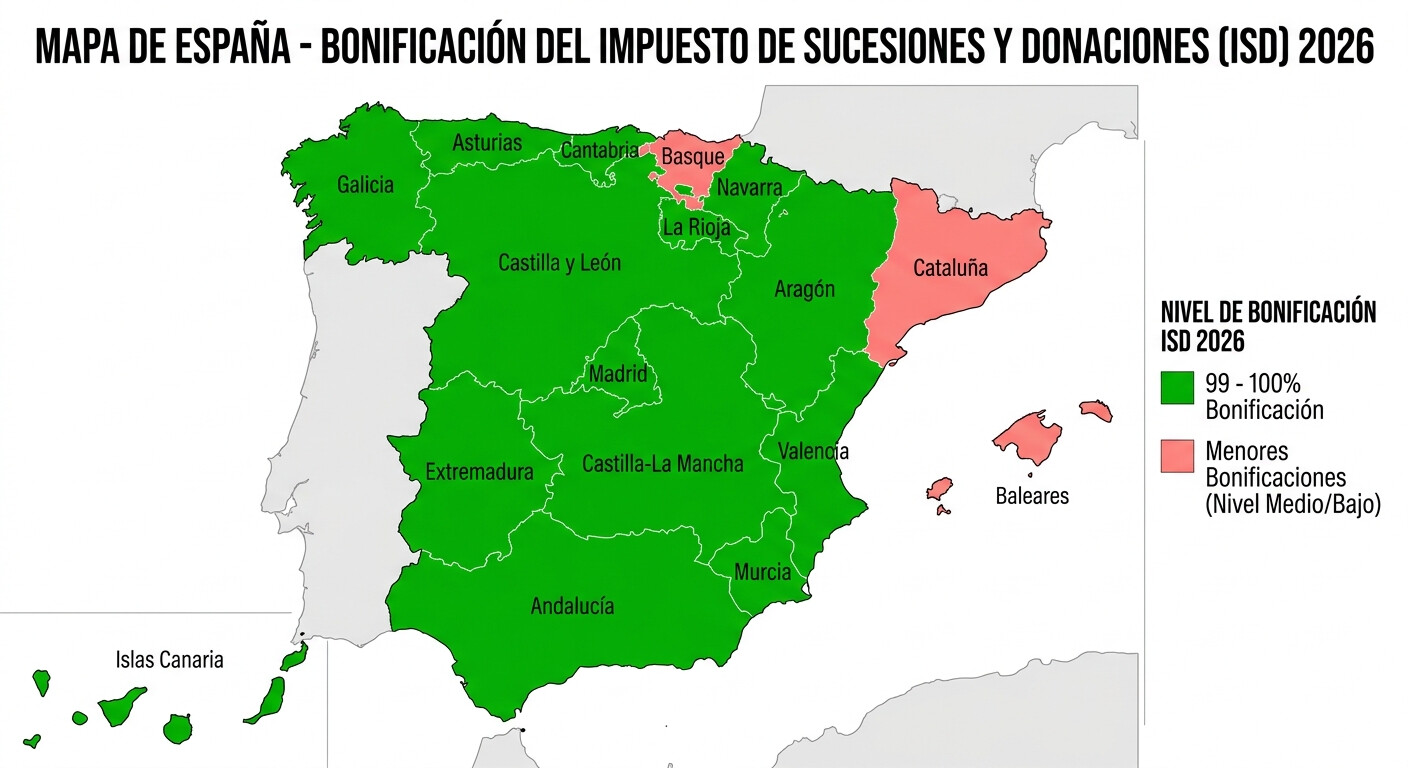 Mapa de España con el tipo efectivo del impuesto sobre sucesiones y donaciones entre padres e hijos en cada comunidad autónoma en 2026