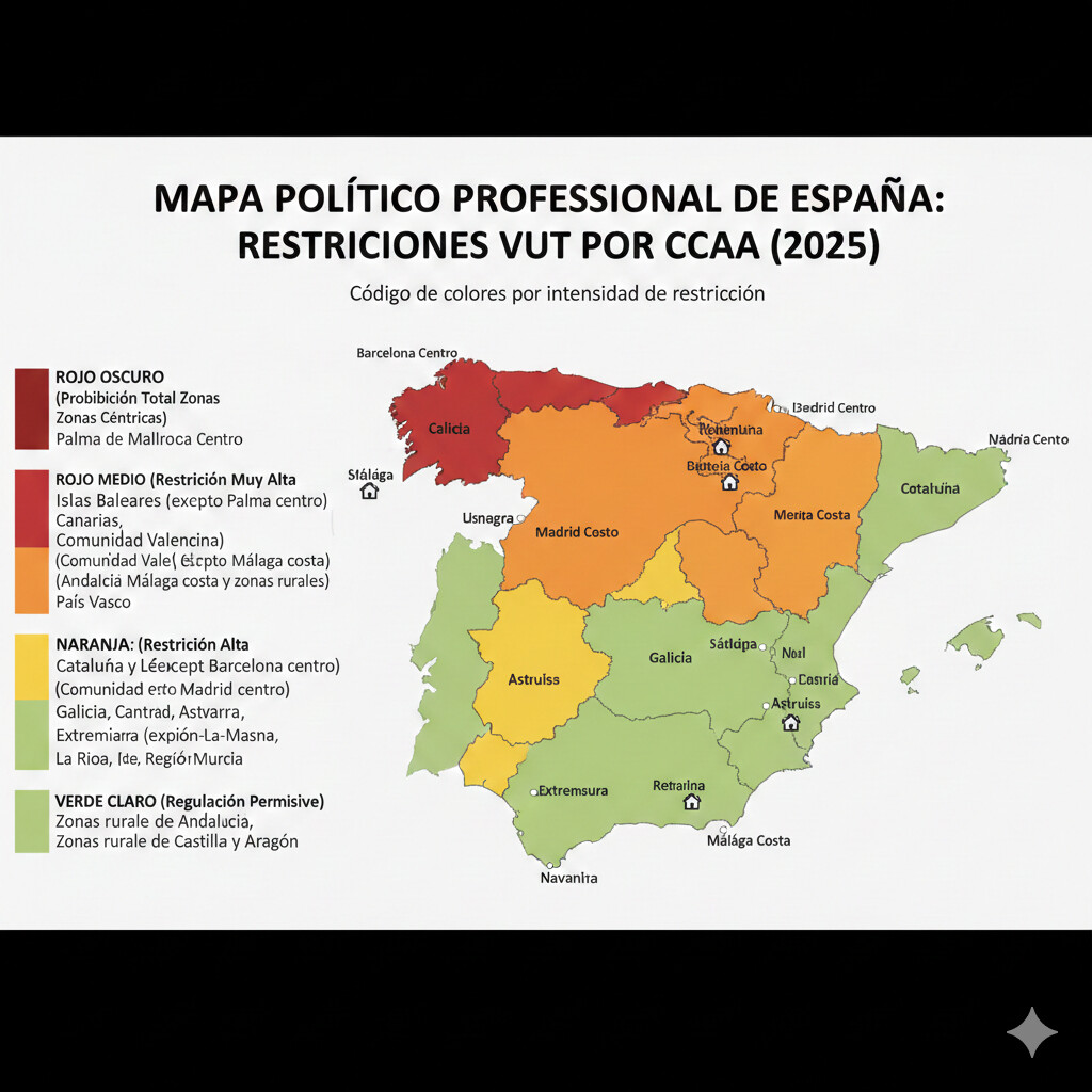 Mapa España señalando ciudades con prohibiciones y restricciones viviendas turísticas 2025: Barcelona prohibición total, Madrid restricción 95%, Málaga moratoria, Baleares limitación, diseño infografía profesional