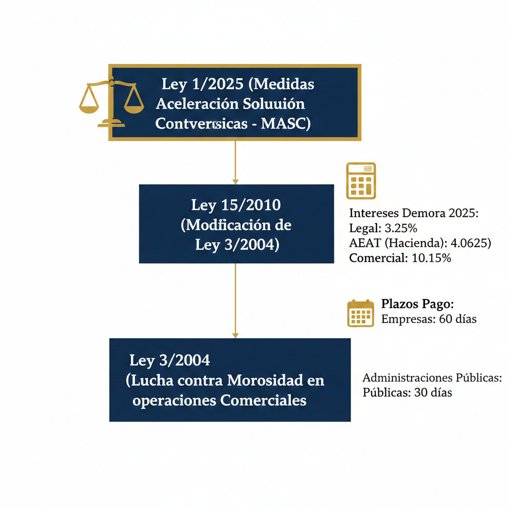 Diagrama legal con las leyes contra morosidad España: Ley 3/2004, Ley 15/2010, Ley 1/2025 MASC, intereses demora 2025 (3.25% legal, 10.15% comercial), plazos 60 días empresas vs 30 días administraciones públicas