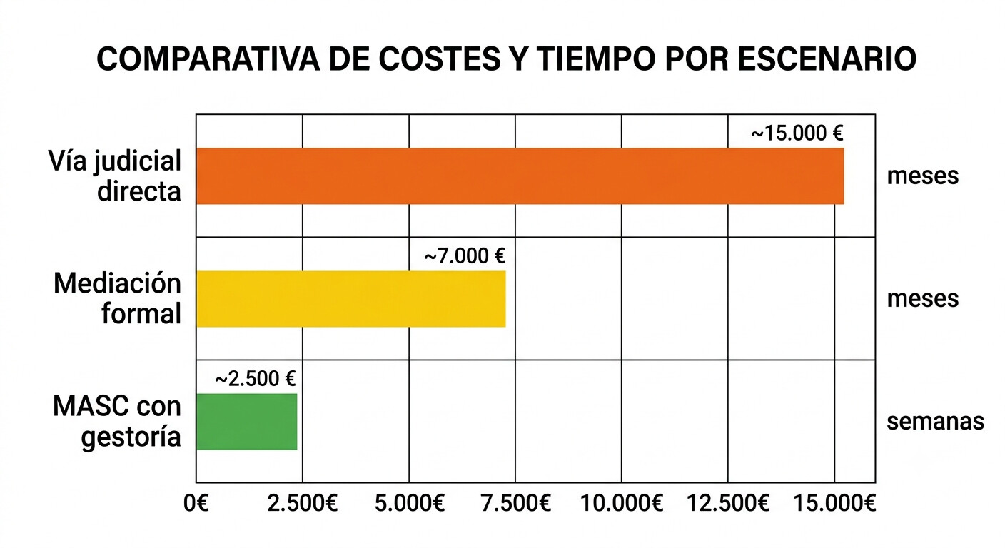 Comparativa visual de costes entre el protocolo MASC gestionado por la gestoría (150-350€) versus la vía judicial directa sin MASC (1.550€+ y 14 meses)