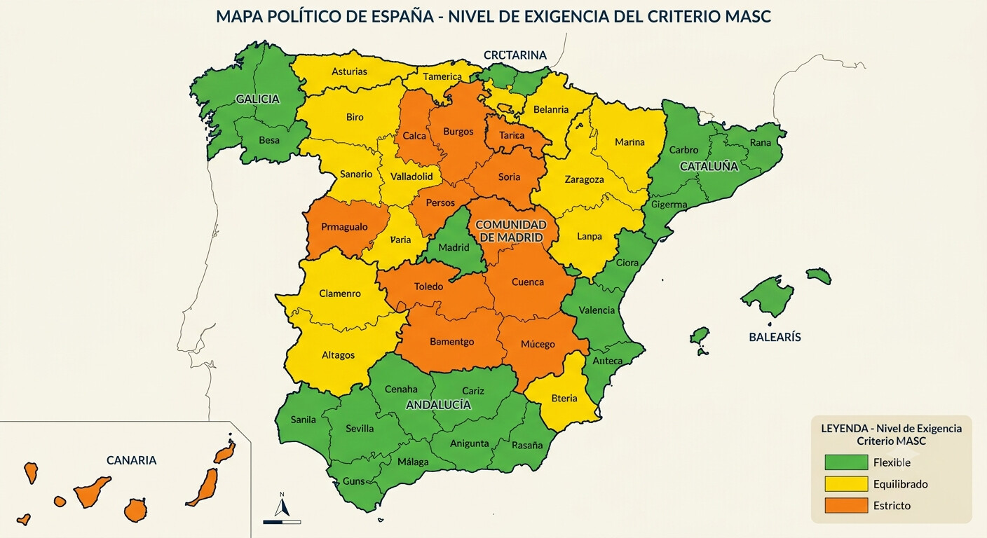 Mapa de España con los diferentes criterios de las Audiencias Provinciales para acreditar el MASC en demandas civiles de impagados