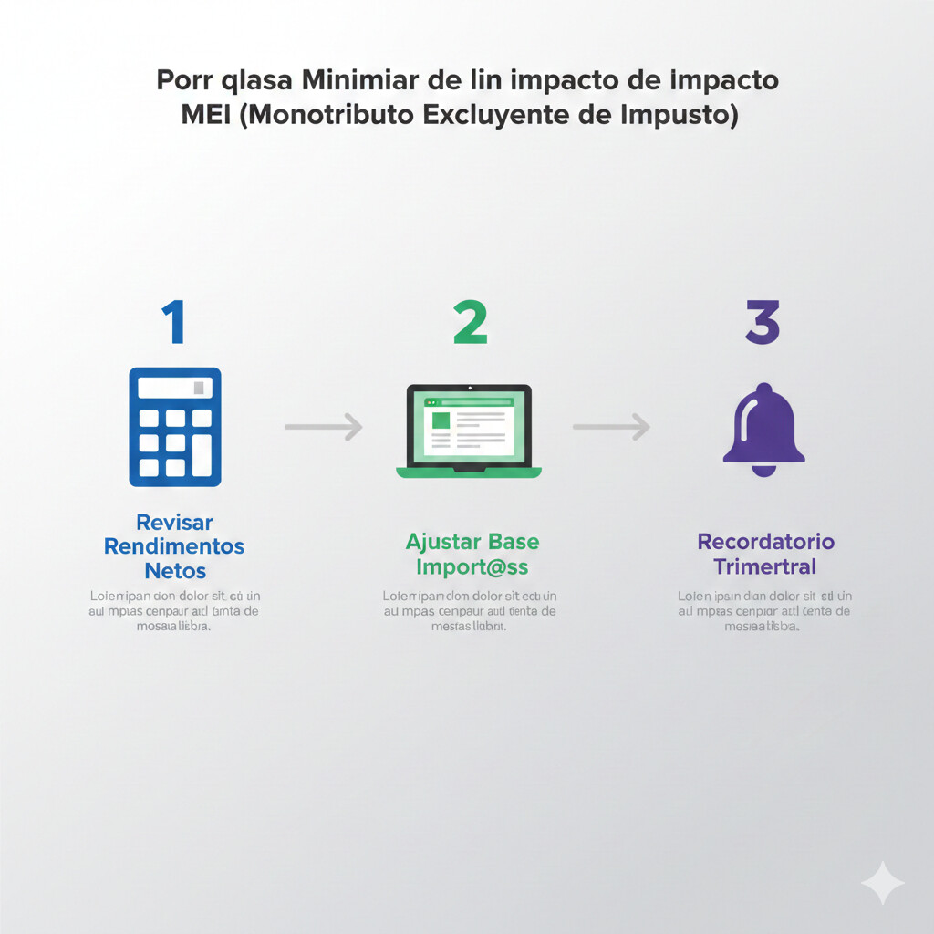 Infografía visual mostrando los 3 pasos para minimizar el impacto del MEI: revisar rendimientos netos, ajustar base en Import@ss, y configurar recordatorio trimestral