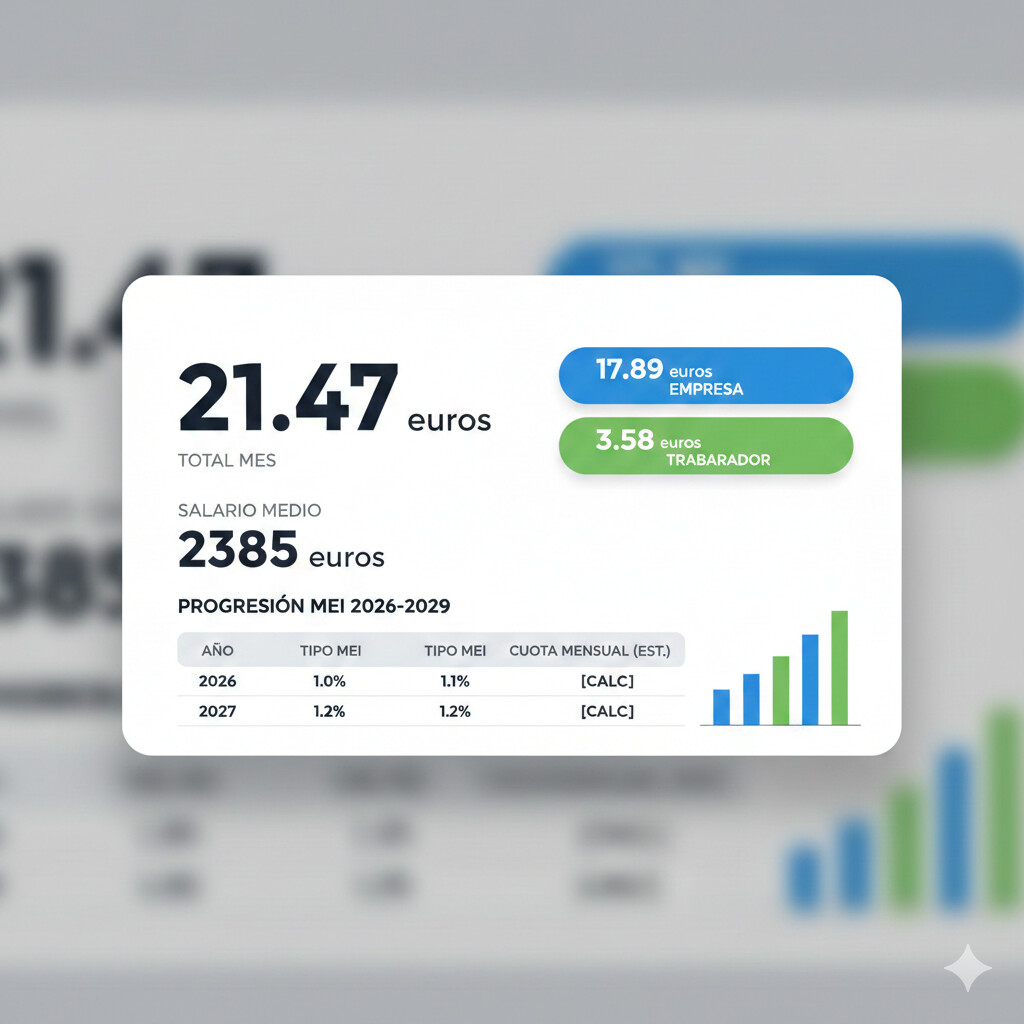 Calculadora MEI 0.9% mostrando desglose 21.47 euros mes por empleado, separado 17.89 euros empresa y 3.58 euros trabajador, con progresión 2026-2029 hasta 1.2%