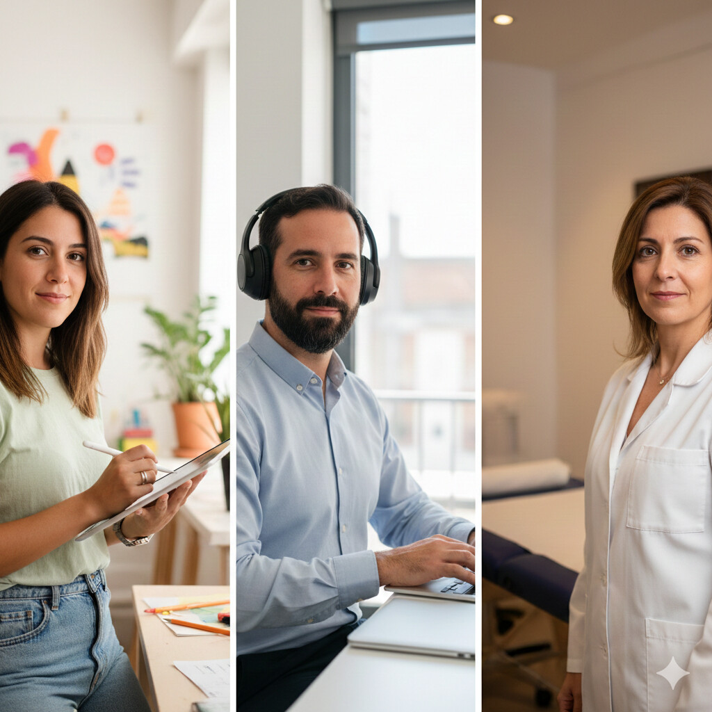 Tres perfiles de autónomos españoles representando tramos bajo, medio y alto: diseñadora freelance, consultor informático y fisioterapeuta, con sus cuotas mensuales y el impacto del MEI 2026