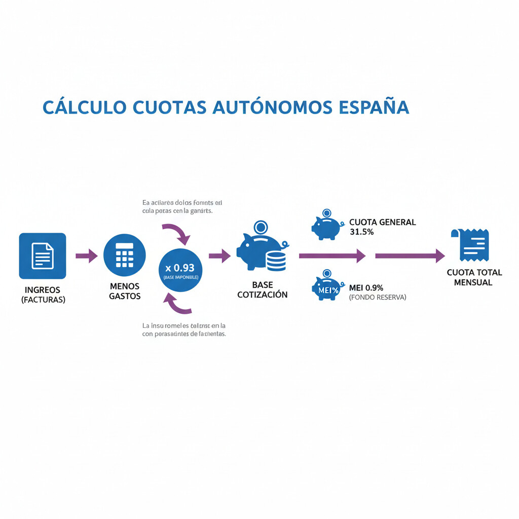 Diagrama explicativo del flujo de cálculo de cotizaciones: rendimientos netos determinan base de cotización, sobre la cual se aplica 31.5% de cuota general más 0.9% de MEI 2026
