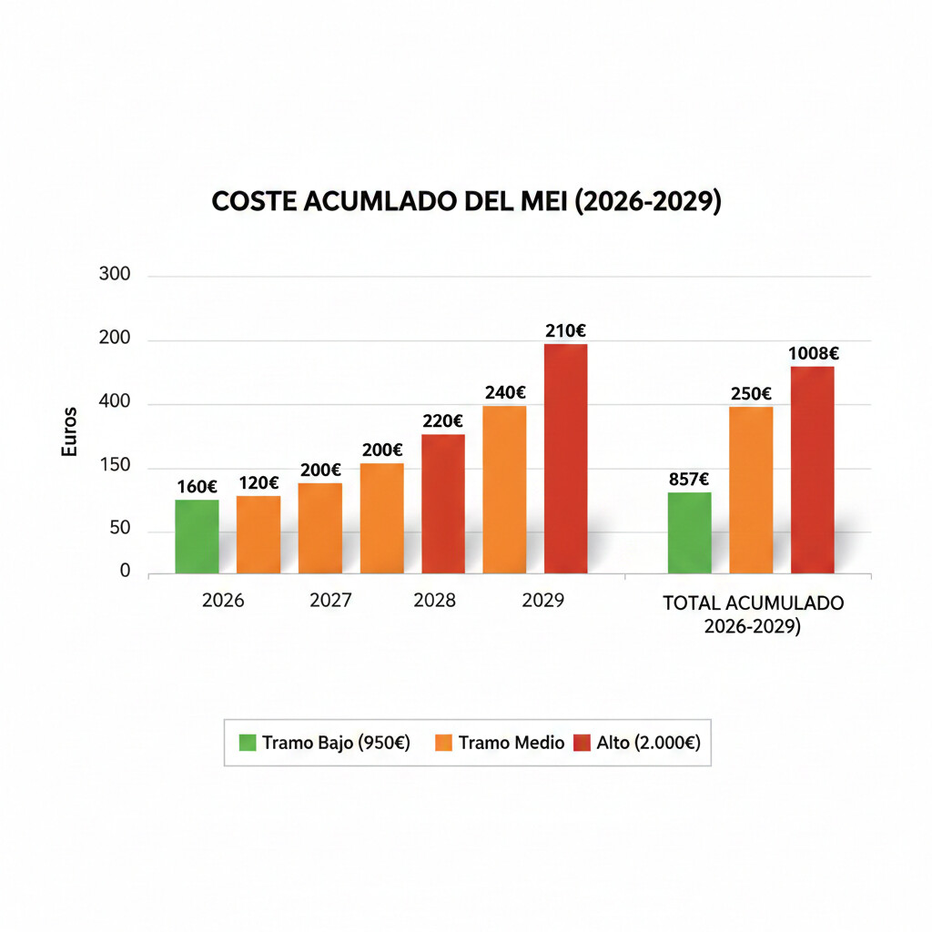Gráfico de barras comparando el coste acumulado del MEI entre 2026 y 2029 para tres perfiles de autónomos: tramo bajo (479€), tramo medio (857€) y tramo alto (1,008€)