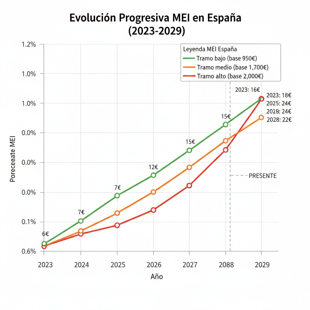 Gráfico de líneas mostrando la progresión del MEI desde 0.6% en 2023 hasta 1.2% en 2029, con el impacto económico acumulado para tres tramos de cotización diferentes