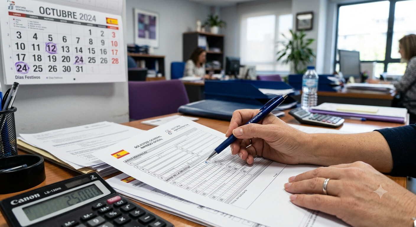 Escritorio de gestoría con formulario modelo 036 y calendario de plazos para la rehabilitación de un NIF revocado