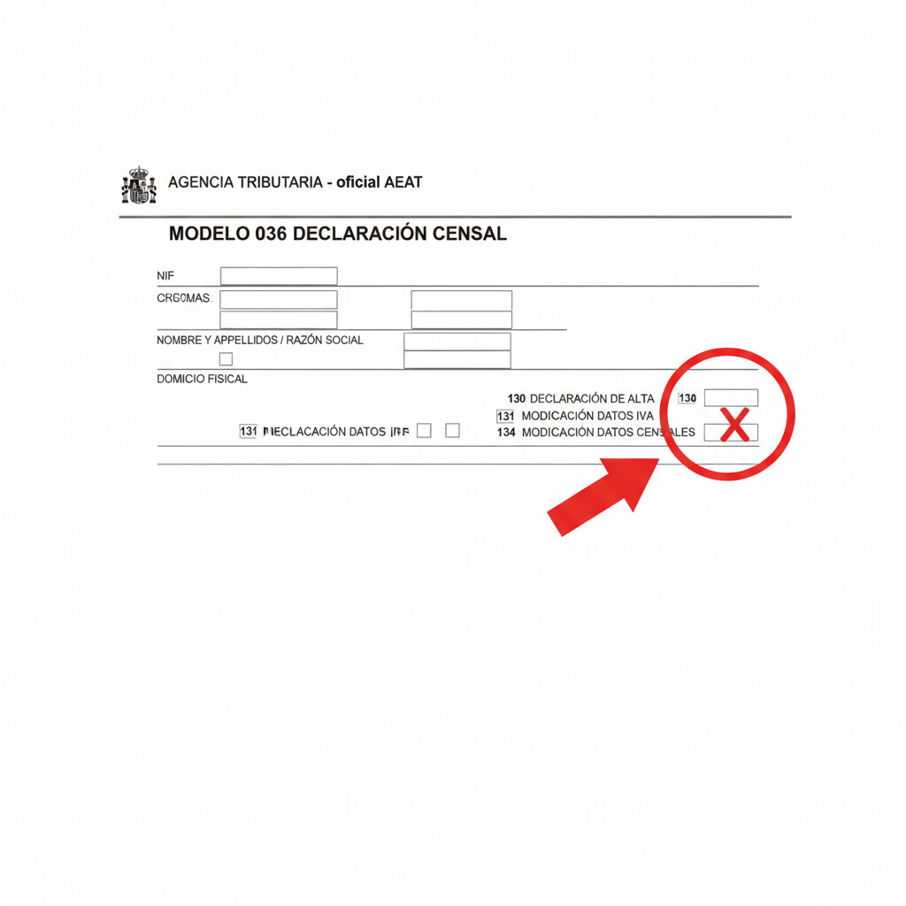 Captura de pantalla modelo 036 página 1 mostrando casilla 132 modificación datos IRPF marcada con círculo rojo destacado