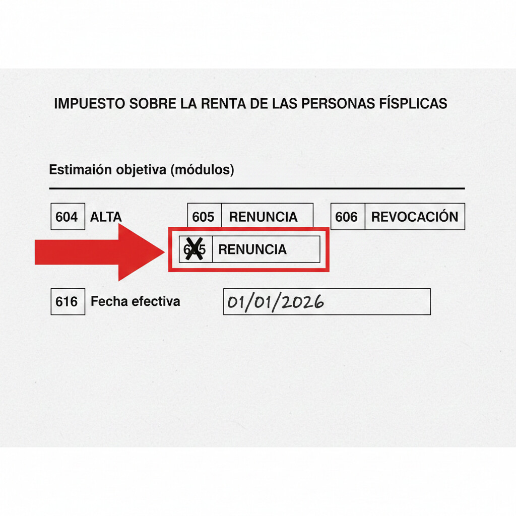 Captura modelo 036 página 6 sección IRPF con casilla 605 renuncia estimación objetiva destacada con flecha indicadora