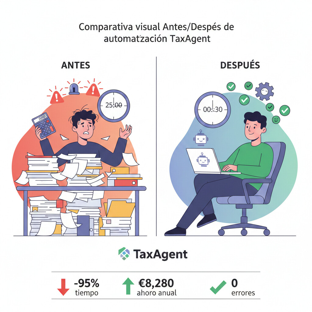 Comparativa visual antes y después de automatización TaxAgent mostrando reducción de tiempo de 25 horas manual a 30 minutos automático con iconos de reloj y gráficos de ahorro