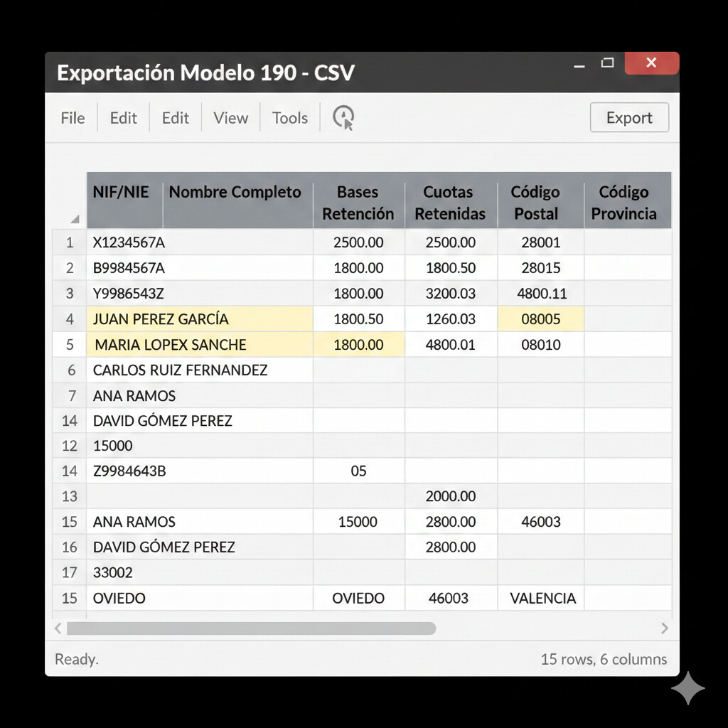 Captura de pantalla de exportación CSV del Modelo 190 mostrando columnas de perceptores con NIF, nombre, bases de retención y cuotas retenidas por trabajador