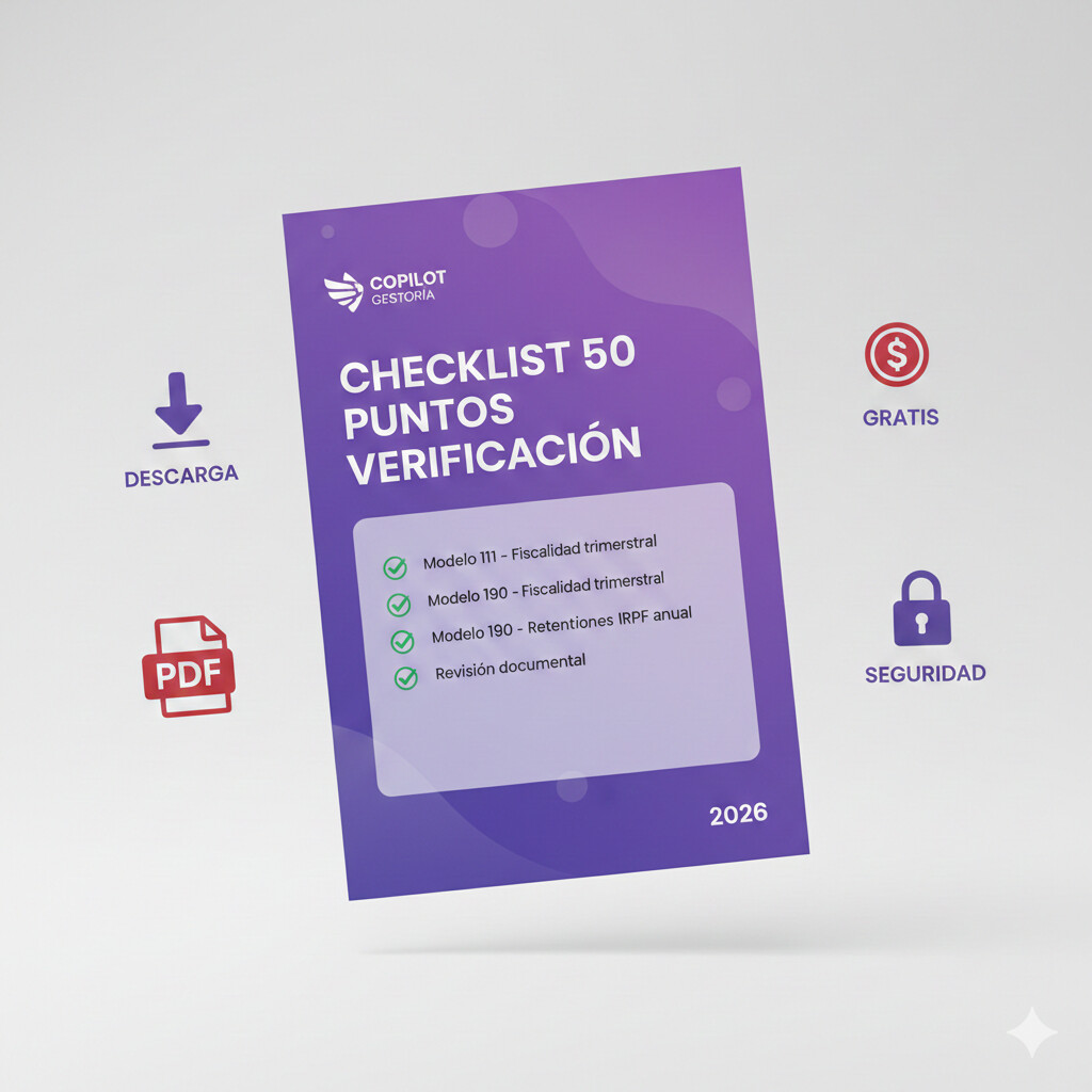 Banner visual mostrando checklist de 50 puntos de verificación Modelo 111 y 190 con iconos de check verde y descarga PDF gratuita