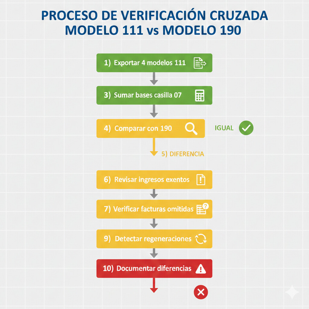 Diagrama de flujo mostrando el proceso de verificación cruzada de 10 pasos entre Modelo 111 trimestral y Modelo 190 anual con iconos de documentos y flechas de validación