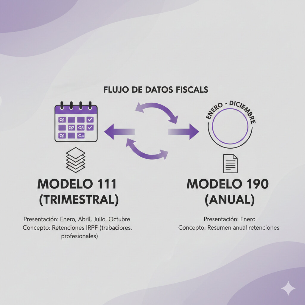 Infografía visual comparando Modelo 111 trimestral vs Modelo 190 anual con iconos de calendario, documentos y flechas mostrando flujo de datos fiscales