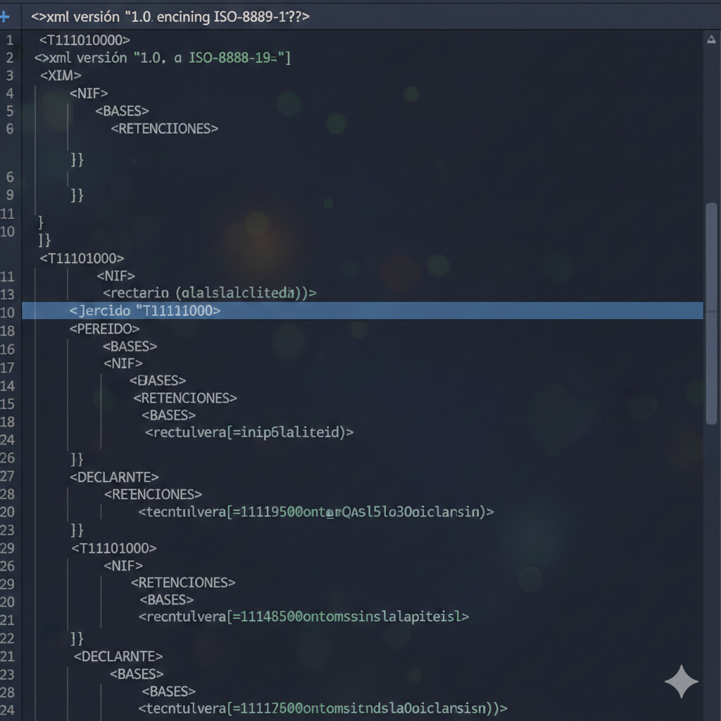Captura de pantalla mostrando archivo de exportación oficial AEAT formato ISO-8859-1 con estructura XML de Modelo 111 y tags correctos T11101000