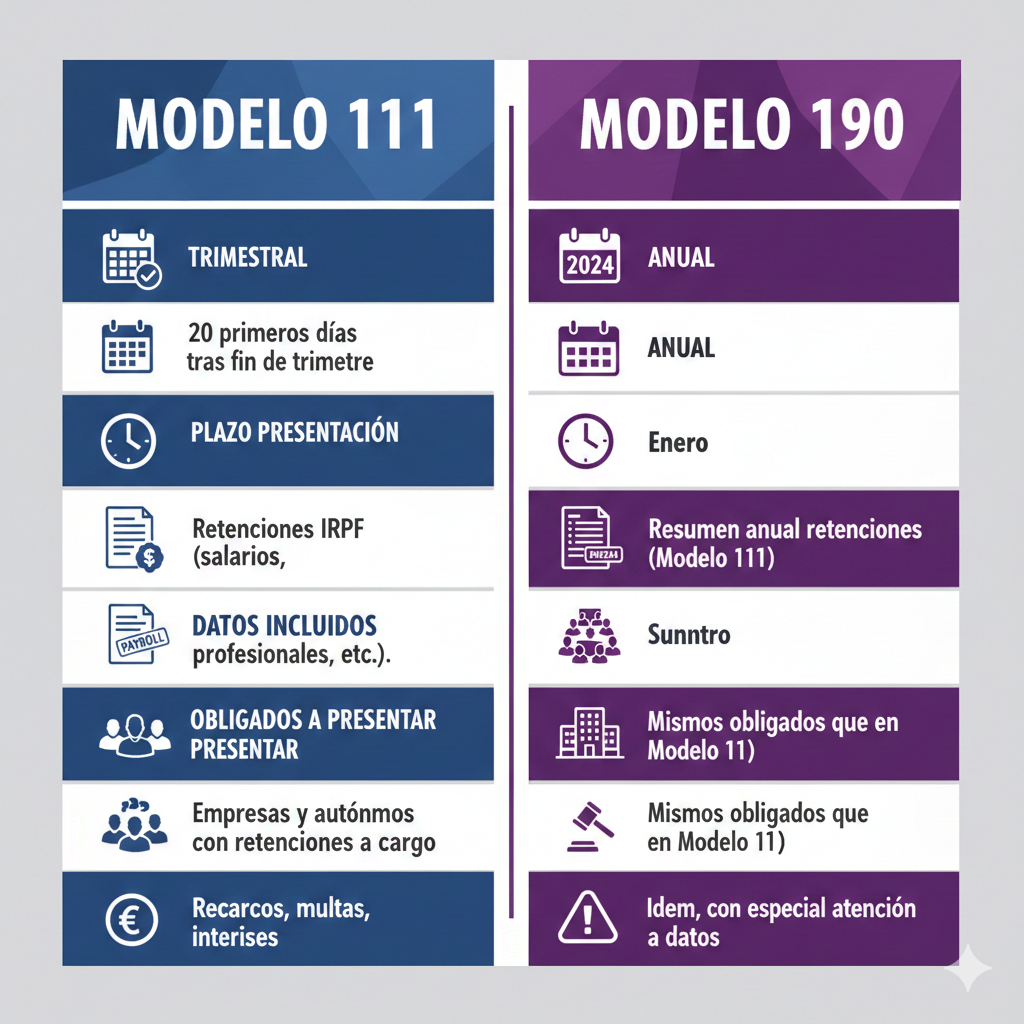 Tabla comparativa visual Modelo 111 vs 190: periodicidad trimestral vs anual, totales vs detalle individual, rentas exentas diferencia clave, coherencia obligatoria suma 4 trimestres igual anual