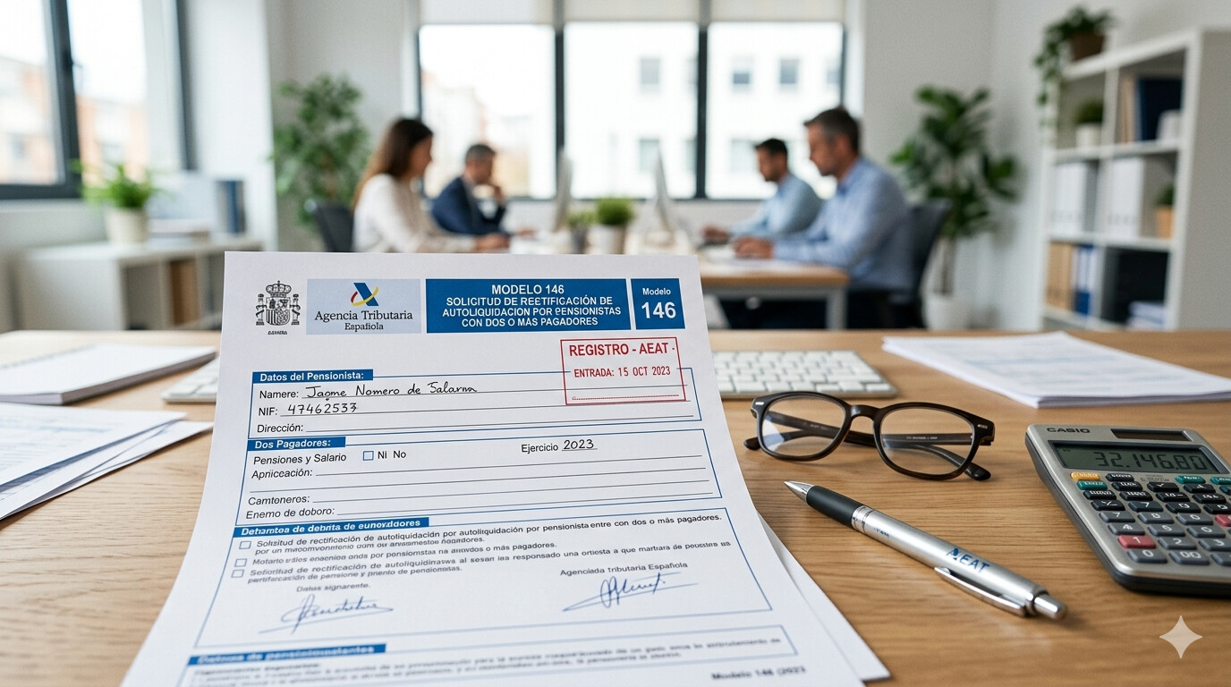 Formulario Modelo 146 AEAT para ajuste de retenciones IRPF pensionistas con dos pagadores Renta 2025