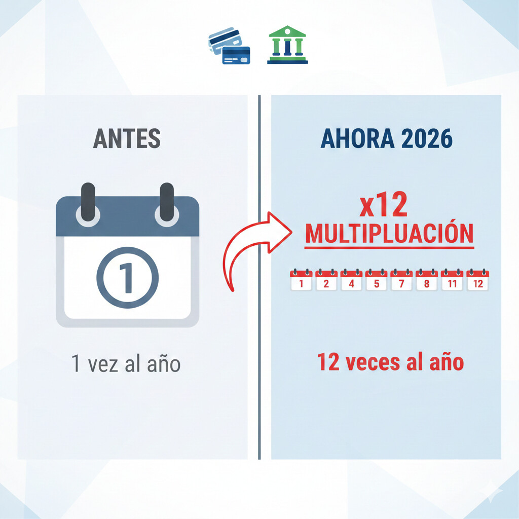 Diagrama comparativo visual antes vs ahora: izquierda muestra Modelo 170/196 como reporte anual único, derecha muestra 12 entregas mensuales con iconos de tarjetas y calendario, estilo infográfico profesional