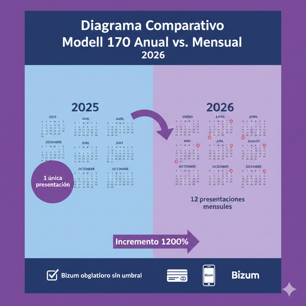 Comparativa modelo 170 anual vs mensual 2026, mostrando incremento 1200% presentaciones anuales y obligación incluir Bizum, con calendario visual febrero 2026 primera presentación