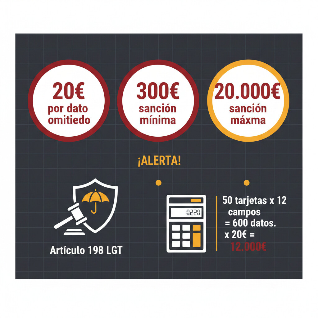 Infografía sanciones Modelo 174 AEAT: 20 euros por dato omitido, mínimo 300 euros, máximo 20000 euros según artículo 198 LGT