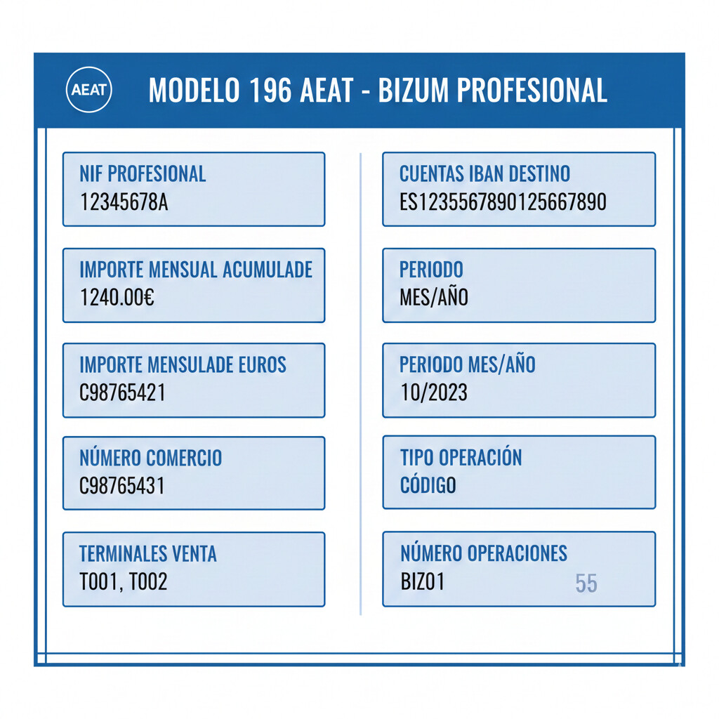 Extracto Modelo 196 AEAT con campos reportados: NIF profesional, importe mensual acumulado, número comercio, terminales, período