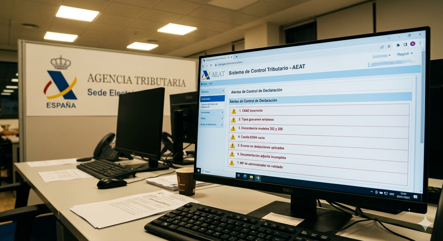 Pantalla de validación AEAT con errores detectados en Modelo 200: CNAE incorrecto, casilla 03594 vacía y discordancia con Modelo 202