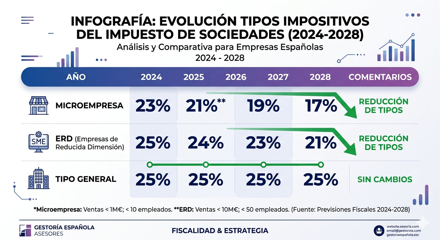 Tabla comparativa tipos impositivos Impuesto Sociedades 2024 a 2028: microempresas 19-21%, ERD 23%, general 25%