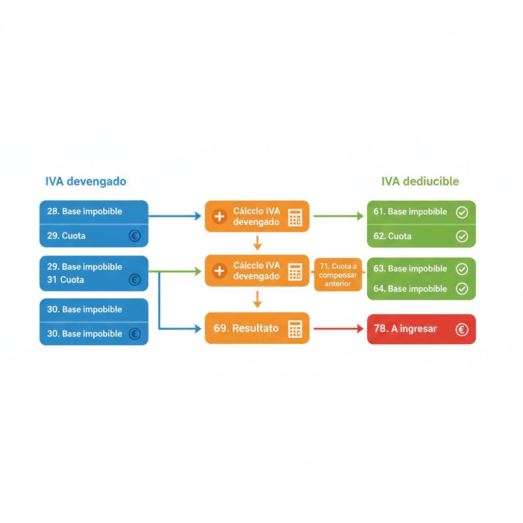 Diagrama infográfico mostrando las 12 casillas críticas del Modelo 303 con flujo de cálculo desde IVA devengado hasta resultado final a ingresar o devolver