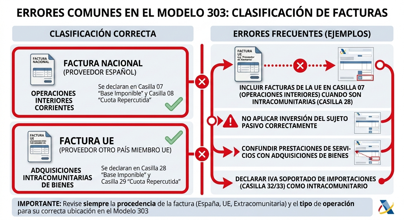 Diagrama infográfico casillas modelo 303 AEAT con marcas rojas indicando errores comunes clasificación facturas: casilla 07 operaciones interiores vs casilla 28 adquisiciones intracomunitarias, fondo blanco limpio, tipografía moderna