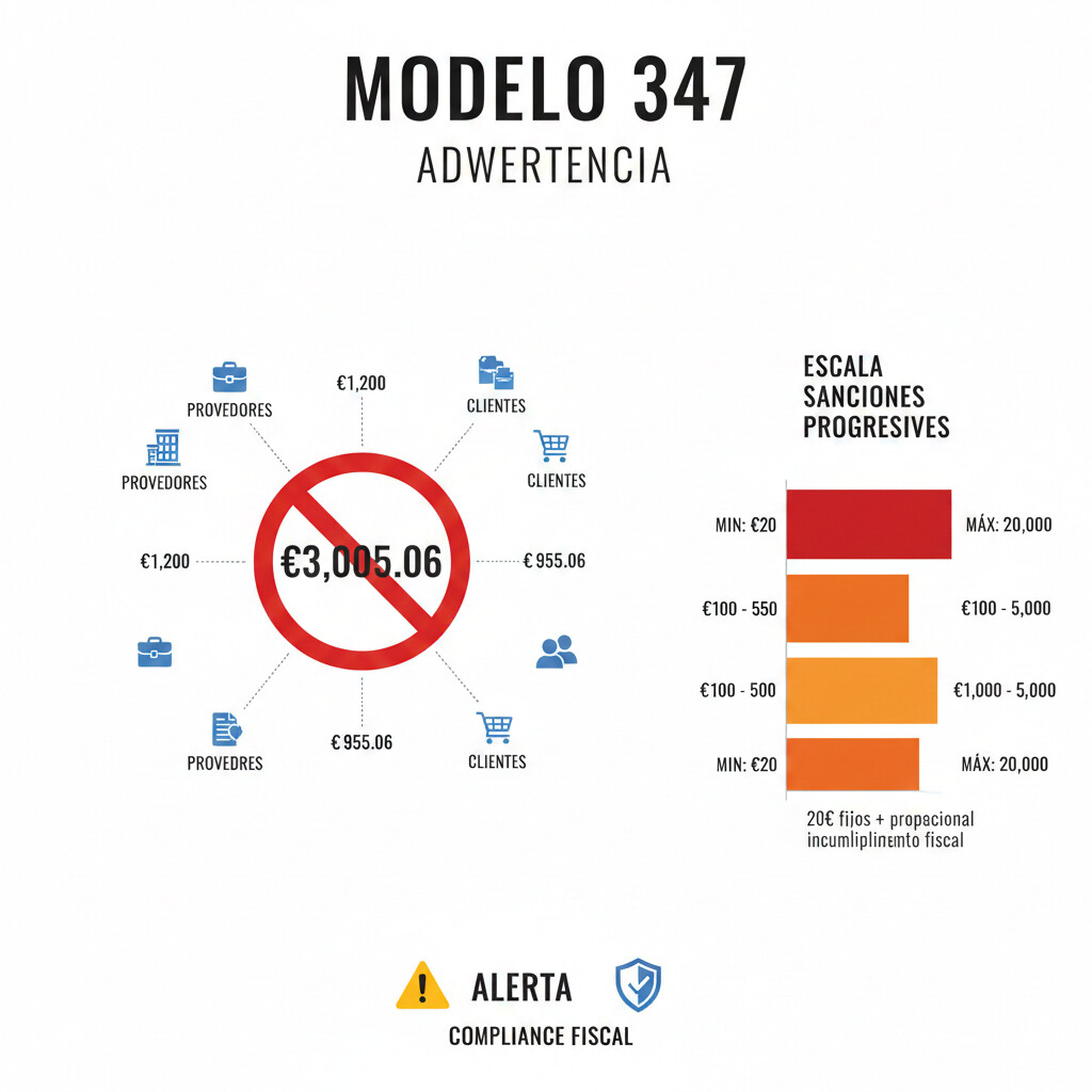 Infografía advertencia Modelo 347 mostrando umbral €3,005.06 con iconos de proveedores y clientes, tabla de sanciones progresivas desde €20 hasta €20,000 máximo, elementos visuales de alerta y compliance