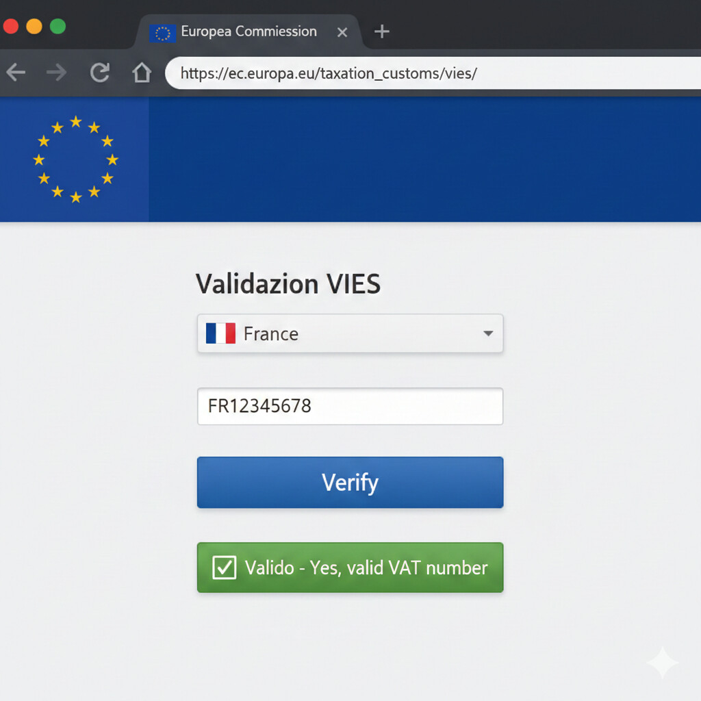 Captura de pantalla del sistema VIES de la Comisión Europea mostrando proceso de validación de número IVA intracomunitario con resultado válido