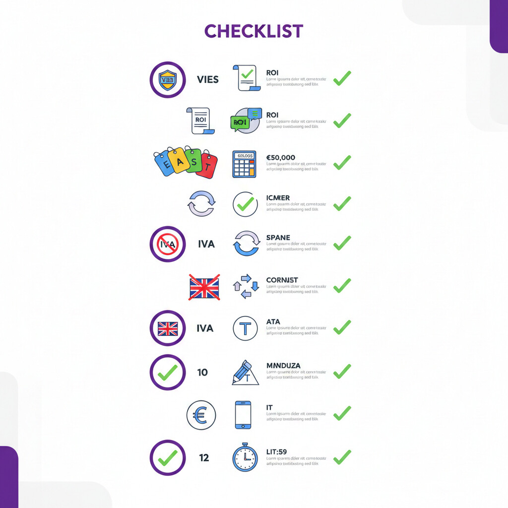 Infografía con checklist de 12 puntos críticos de verificación antes de presentar el Modelo 349 con iconos ilustrativos
