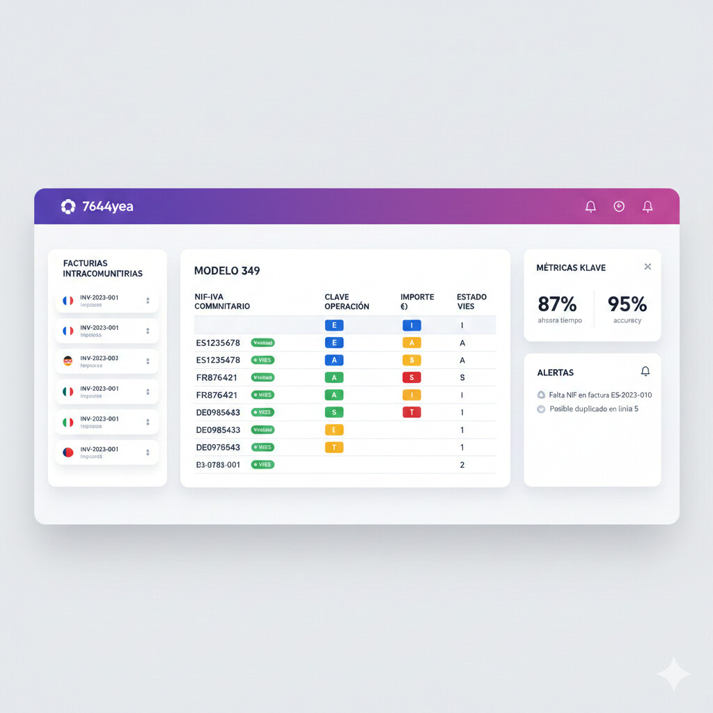 Captura de pantalla del dashboard de COPILOT GESTORIA mostrando generación automática del Modelo 349 con validación VIES y clasificación inteligente de claves