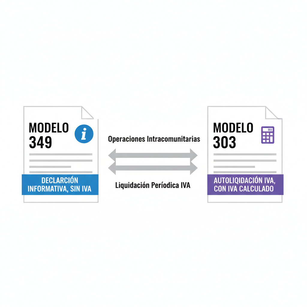 Diagrama comparativo entre Modelo 349 declaración informativa y Modelo 303 autoliquidación IVA con diferencias clave destacadas