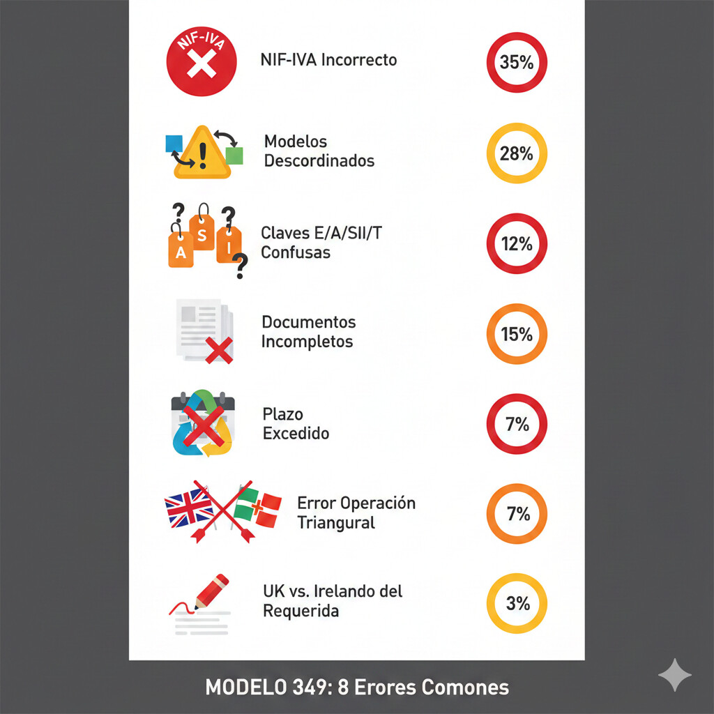 Infografía visual con los 8 errores más comunes del Modelo 349 representados con iconos de alerta y porcentajes de incidencia